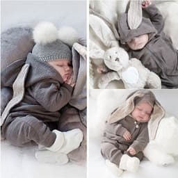 image-Baby Hooded Romper Jumpsuit with Rabbit Ears Long Sleeve Zipper Winter Unisex