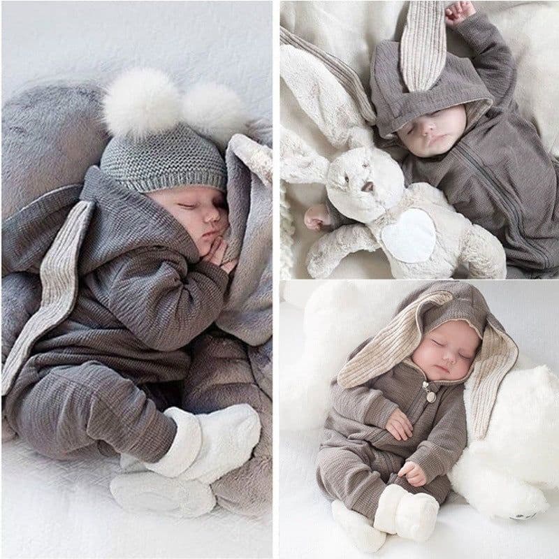 image-Baby Hooded Romper Jumpsuit with Rabbit Ears Long Sleeve Zipper Winter Unisex