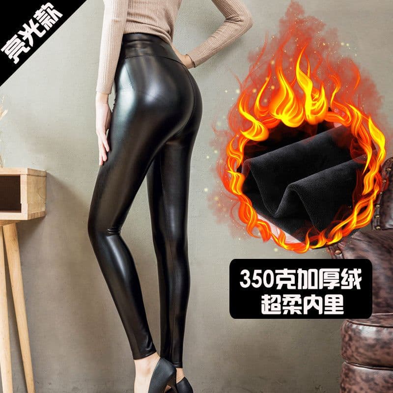 image-Women's Plus Size PU Leather Fleece Lined Leggings High Waist Pants