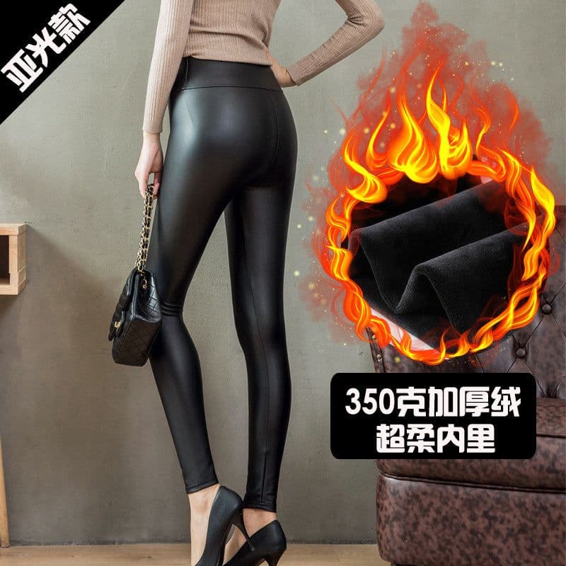 image-Women's Plus Size PU Leather Fleece Lined Leggings High Waist Pants