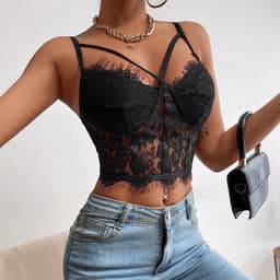 image-Sexy Black Lace Camisole Corset Top Style 9907
