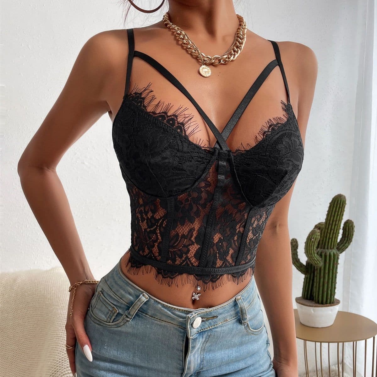 image-Sexy Black Lace Camisole Corset Top Style 9907