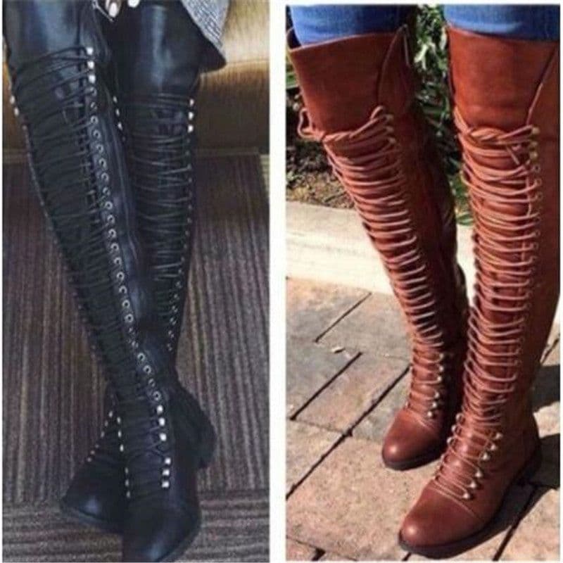 image-Women's Faux Leather Over-the-Knee Knight Boots Low Heel