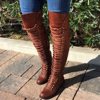 image-Women's Faux Leather Over-the-Knee Knight Boots Low Heel
