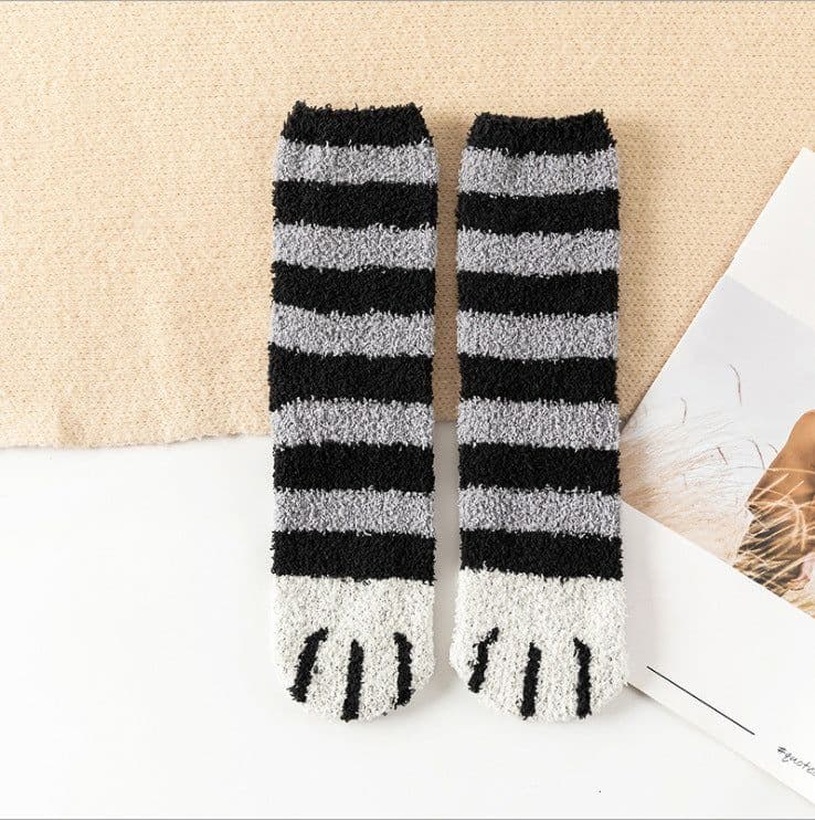 image-Women's Coral Fleece Mid-Tube Sleep Socks Cat Paw Cartoon Pattern