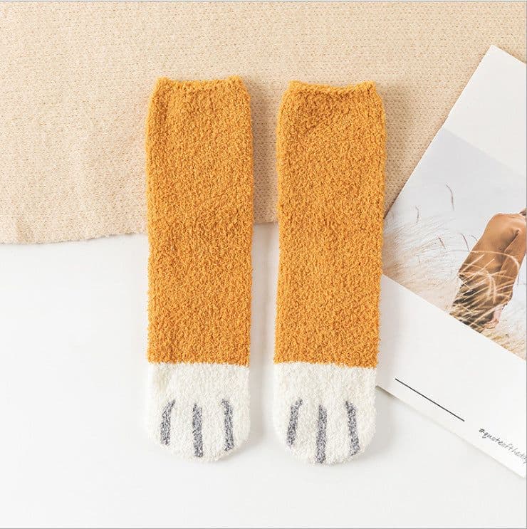 image-Women's Coral Fleece Mid-Tube Sleep Socks Cat Paw Cartoon Pattern