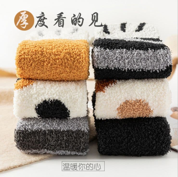 image-Women's Coral Fleece Mid-Tube Sleep Socks Cat Paw Cartoon Pattern