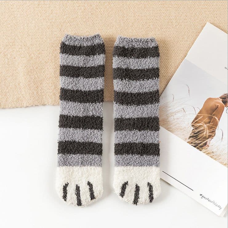 image-Women's Coral Fleece Mid-Tube Sleep Socks Cat Paw Cartoon Pattern