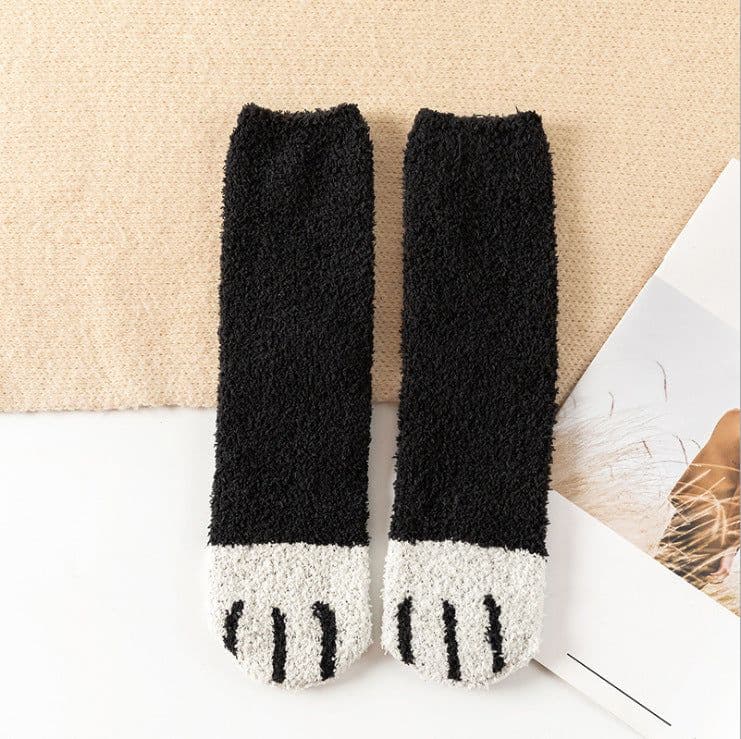 image-Women's Coral Fleece Mid-Tube Sleep Socks Cat Paw Cartoon Pattern