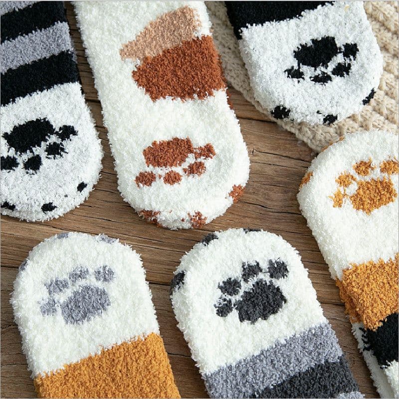 image-Women's Coral Fleece Mid-Tube Sleep Socks Cat Paw Cartoon Pattern