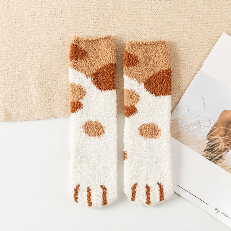 image-Women's Coral Fleece Mid-Tube Sleep Socks Cat Paw Cartoon Pattern