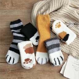 image-Women's Coral Fleece Mid-Tube Sleep Socks Cat Paw Cartoon Pattern
