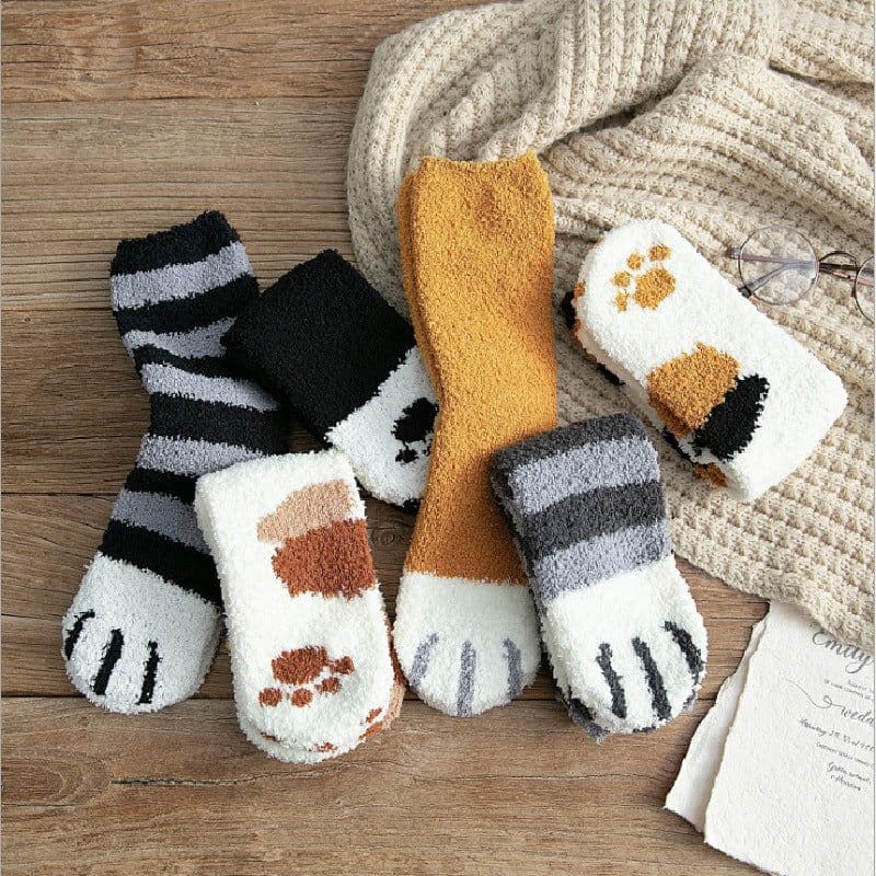 image-Women's Coral Fleece Mid-Tube Sleep Socks Cat Paw Cartoon Pattern