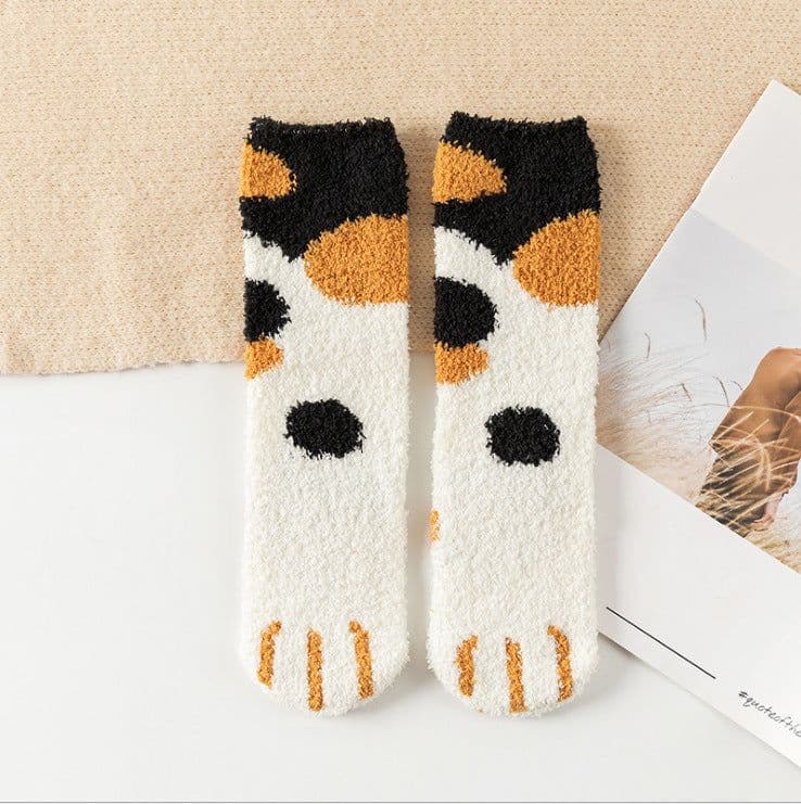 image-Women's Coral Fleece Mid-Tube Sleep Socks Cat Paw Cartoon Pattern