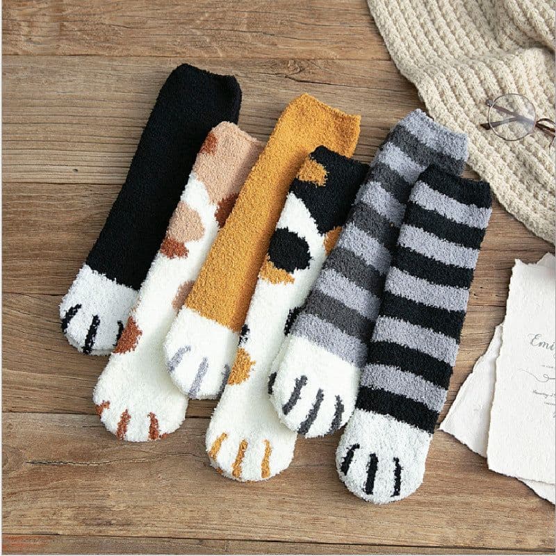 image-Women's Coral Fleece Mid-Tube Sleep Socks Cat Paw Cartoon Pattern