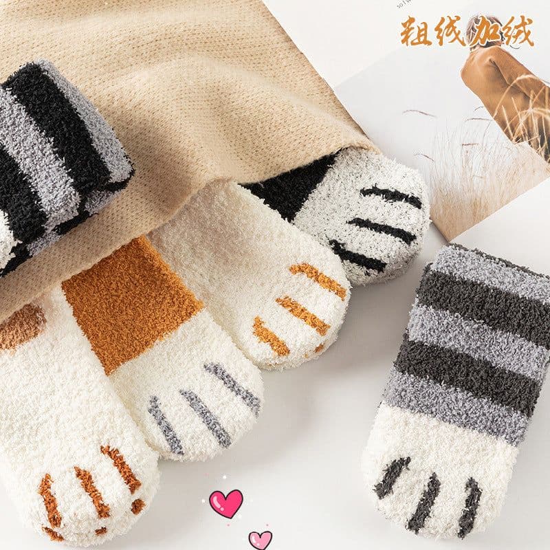 image-Women's Coral Fleece Mid-Tube Sleep Socks Cat Paw Cartoon Pattern