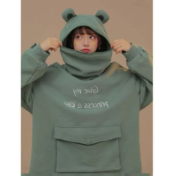 image-Women's Green Frog Embroidered Hooded Fleece Sweater Mid-Length