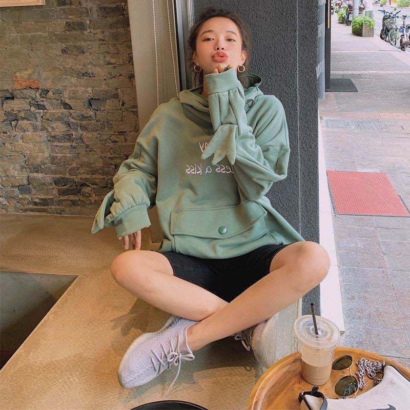 image-Women's Green Frog Embroidered Hooded Fleece Sweater Mid-Length