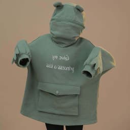 image-Women's Green Frog Embroidered Hooded Fleece Sweater Mid-Length