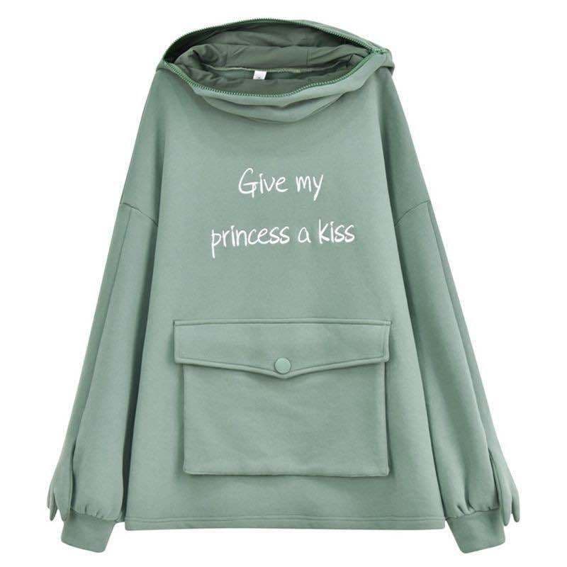 image-Women's Green Frog Embroidered Hooded Fleece Sweater Mid-Length
