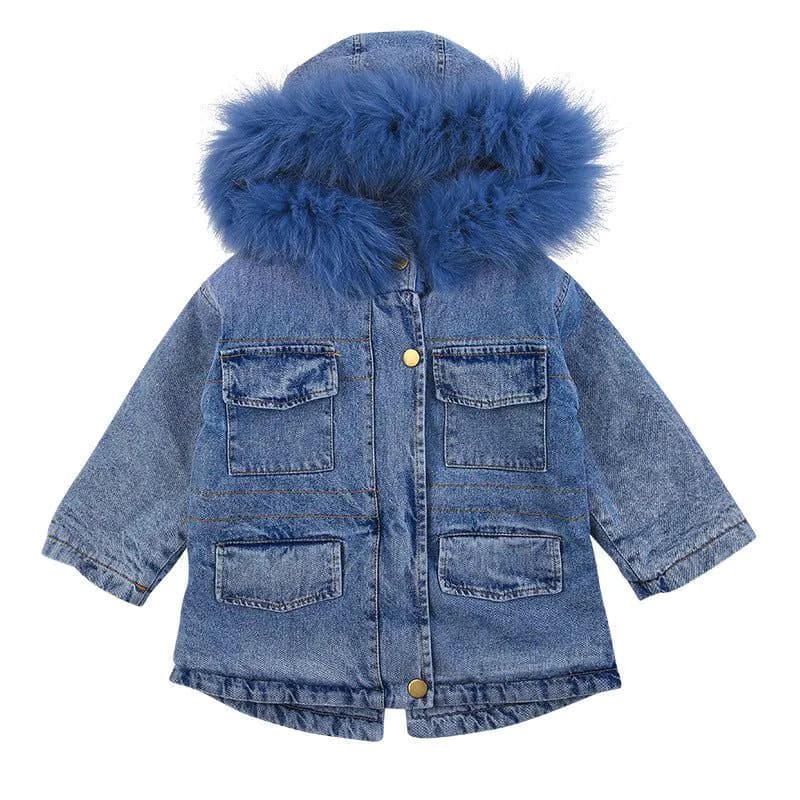 image-Girls Denim Jacket Hooded Fur Collar Fleece Lined Winter Coat