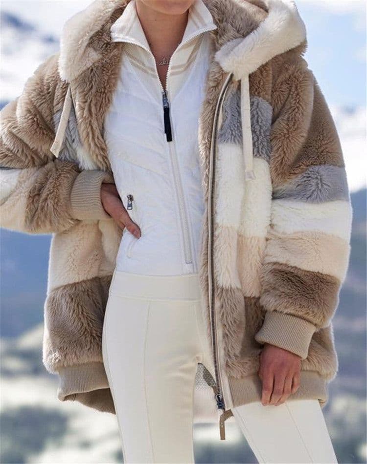 image-Women's Plush Hooded Jacket Multicolor Zip Long Coat Winter