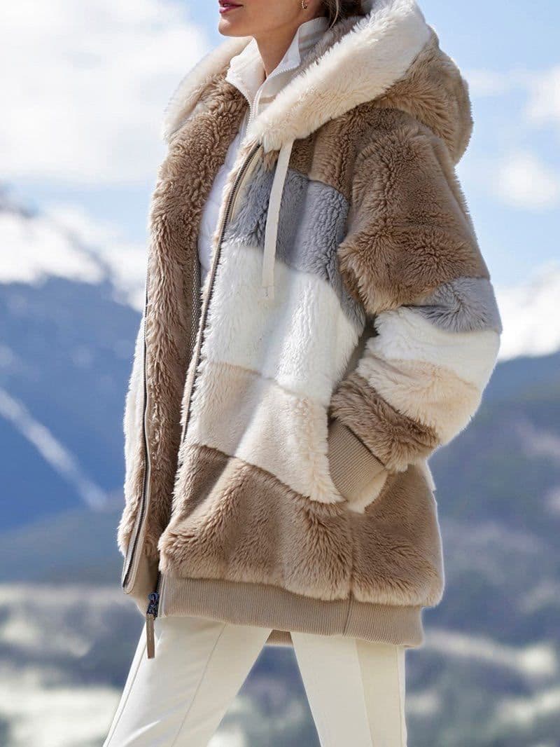 image-Women's Plush Hooded Jacket Multicolor Zip Long Coat Winter