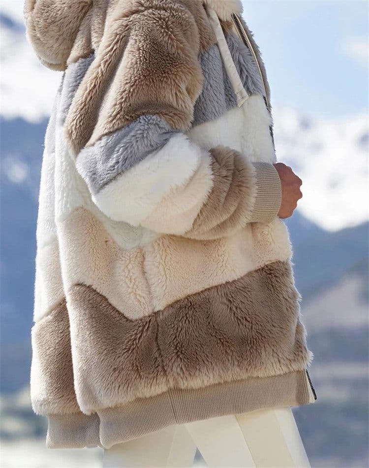 image-Women's Plush Hooded Jacket Multicolor Zip Long Coat Winter