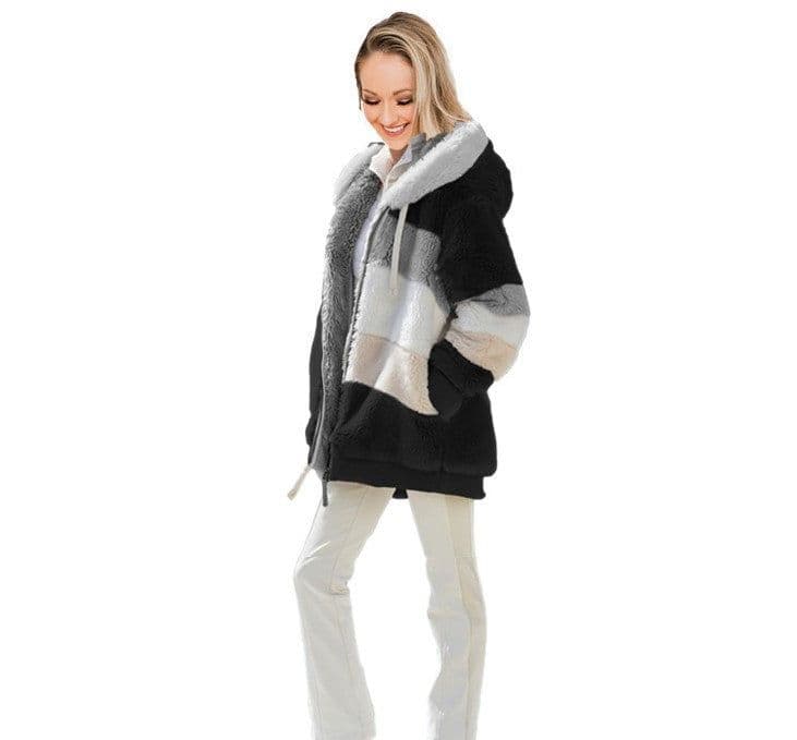 image-Women's Plush Hooded Jacket Multicolor Zip Long Coat Winter