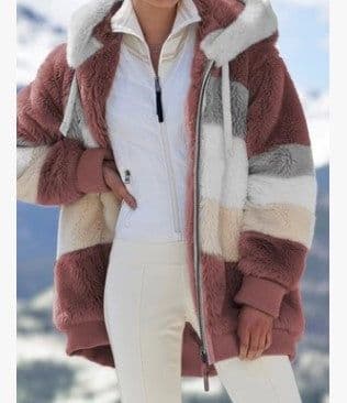 image-Women's Plush Hooded Jacket Multicolor Zip Long Coat Winter