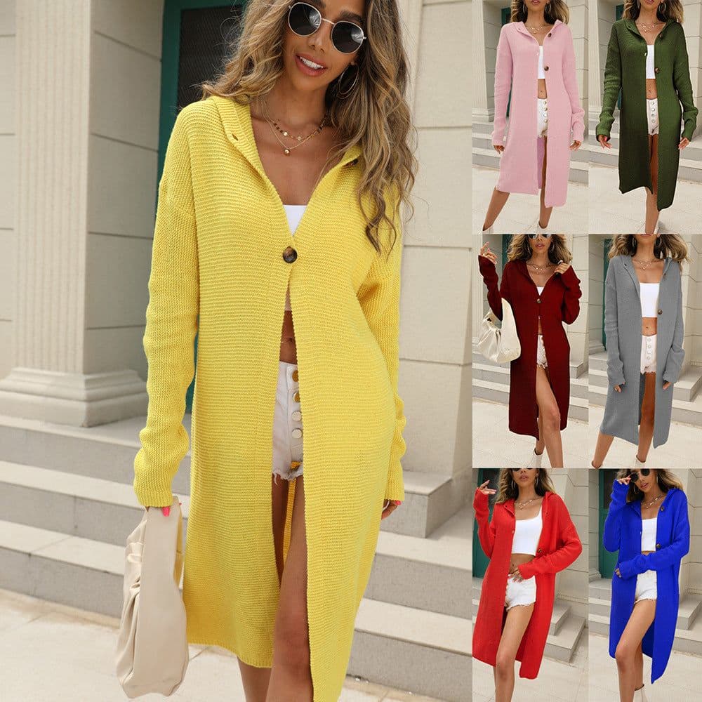 image-Women's Hooded Long Knit Cardigan Sweater Coat Solid Color