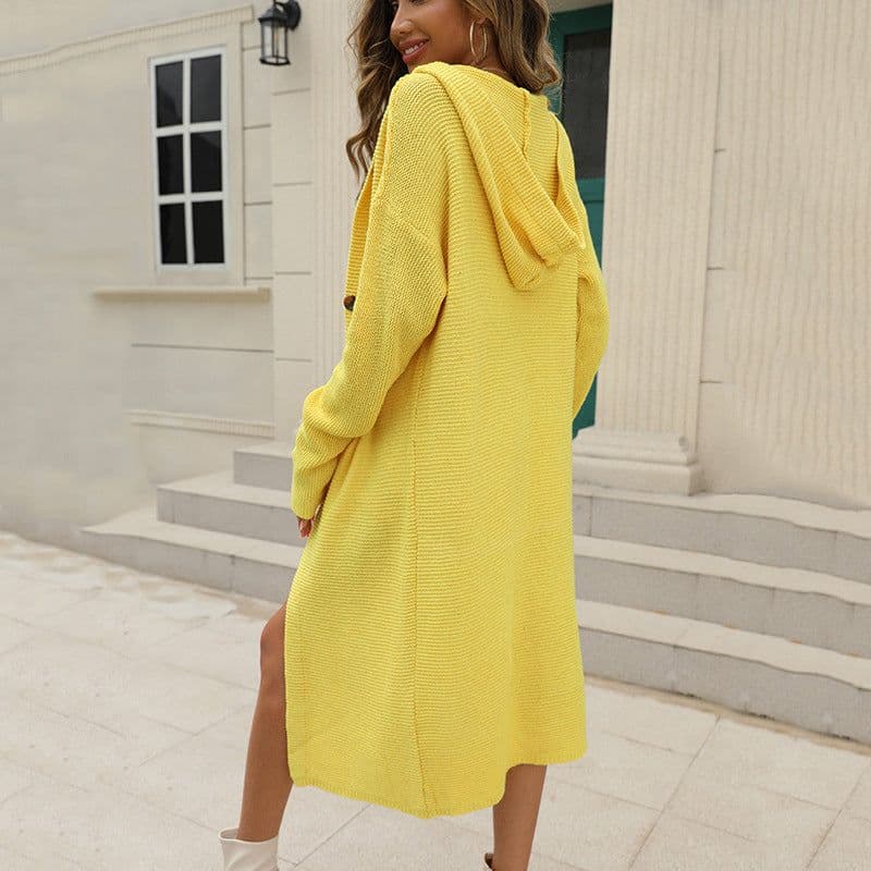 image-Women's Hooded Long Knit Cardigan Sweater Coat Solid Color