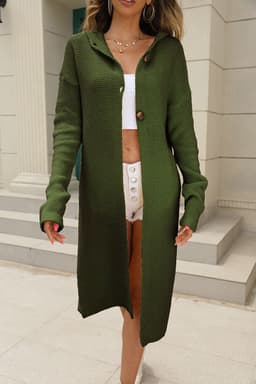 image-Women's Hooded Long Knit Cardigan Sweater Coat Solid Color