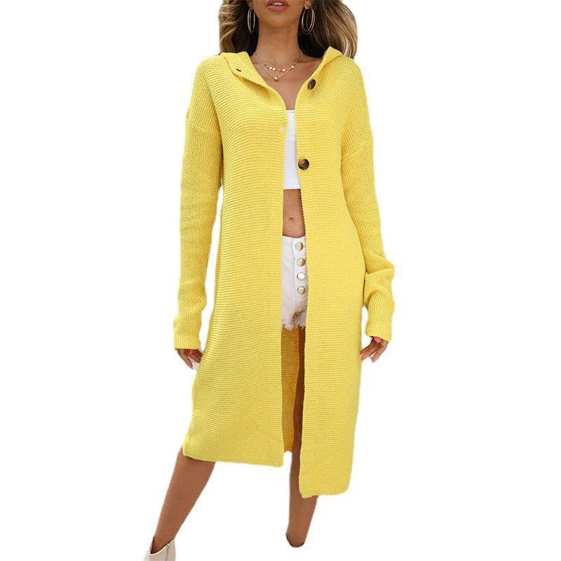 image-Women's Hooded Long Knit Cardigan Sweater Coat Solid Color