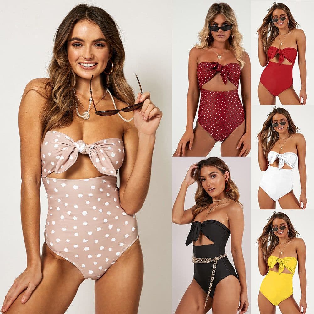image-Xingcheng Oushuang High Waist One-Piece Swimsuit Women Black White Dot