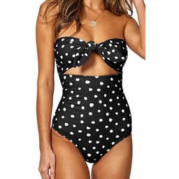 image-Xingcheng Oushuang High Waist One-Piece Swimsuit Women Black White Dot