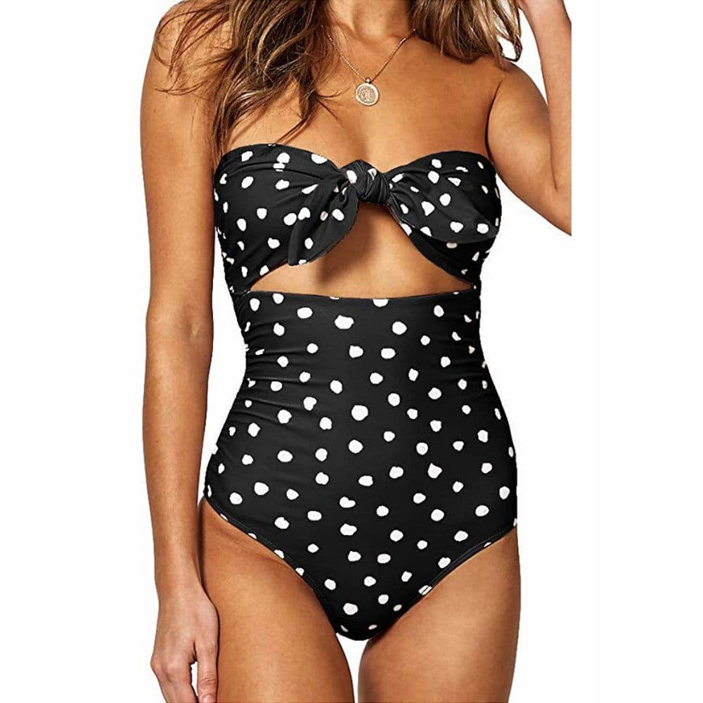 image-Xingcheng Oushuang High Waist One-Piece Swimsuit Women Black White Dot