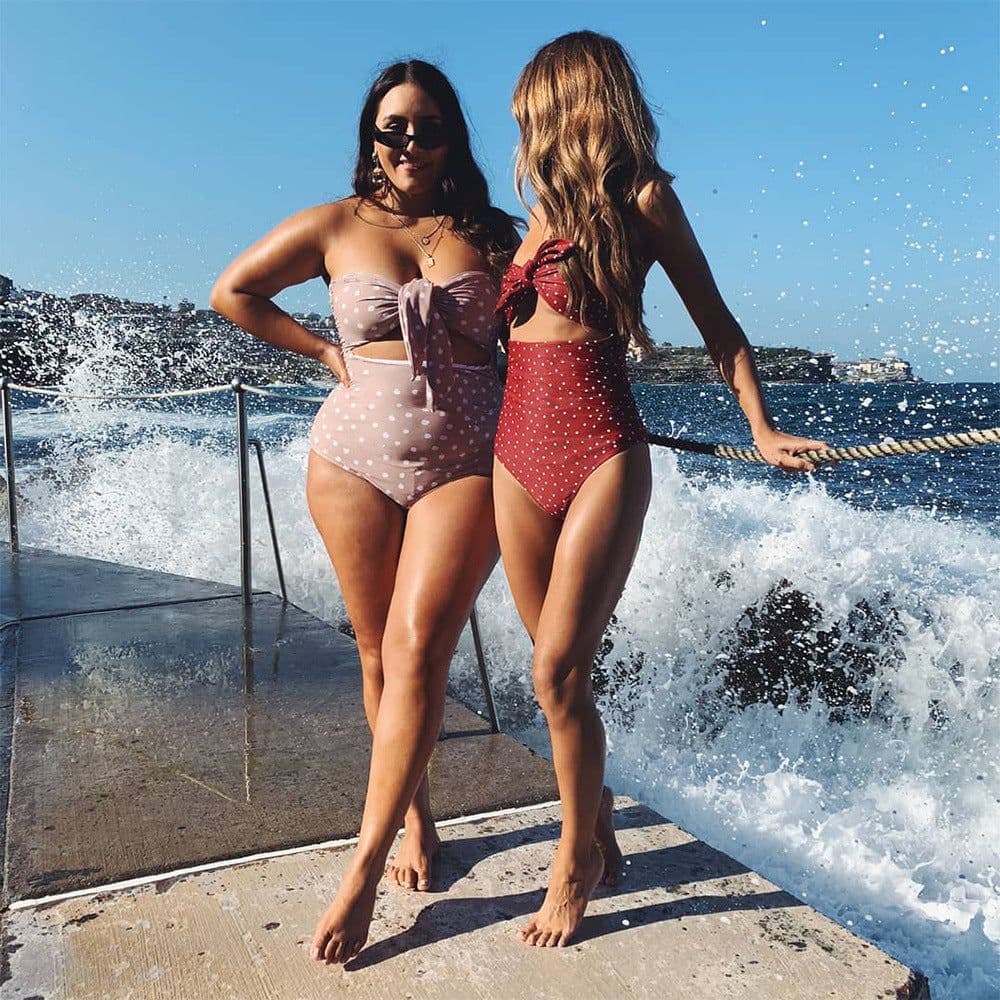image-Xingcheng Oushuang High Waist One-Piece Swimsuit Women Black White Dot