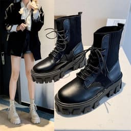 image-Women's Korean Mid-Calf Martin Boots Thick Sole Flat Heel PU Leather
