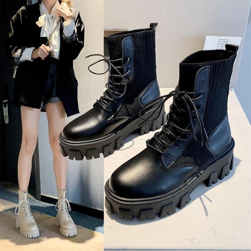 image-Women's Korean Mid-Calf Martin Boots Thick Sole Flat Heel PU Leather