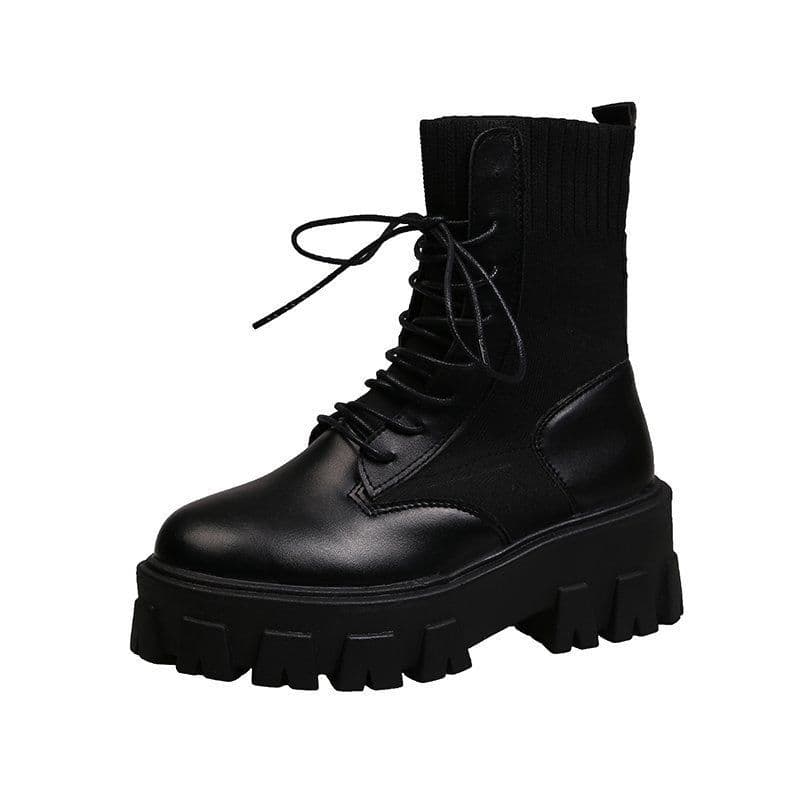 image-Women's Korean Mid-Calf Martin Boots Thick Sole Flat Heel PU Leather
