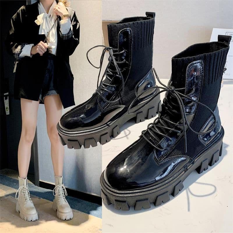 image-Women's Korean Mid-Calf Martin Boots Thick Sole Flat Heel PU Leather