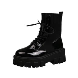 image-Women's Korean Mid-Calf Martin Boots Thick Sole Flat Heel PU Leather