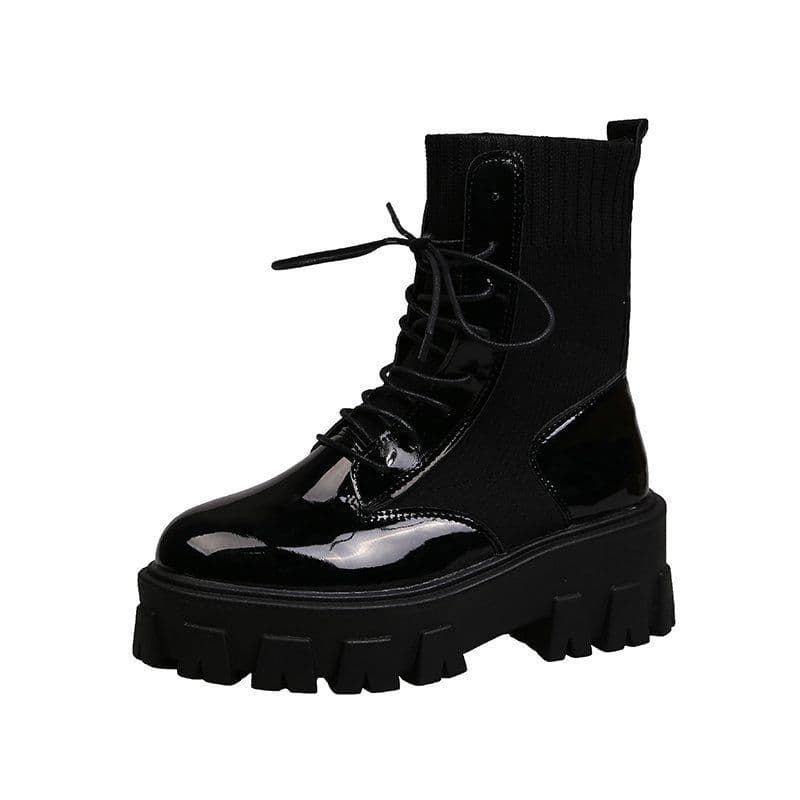 image-Women's Korean Mid-Calf Martin Boots Thick Sole Flat Heel PU Leather
