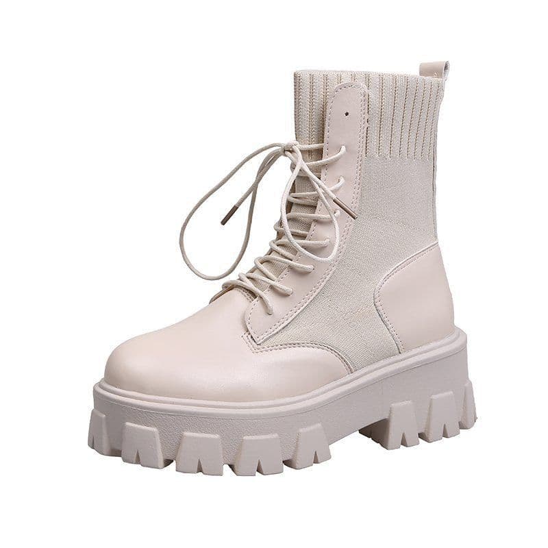 image-Women's Korean Mid-Calf Martin Boots Thick Sole Flat Heel PU Leather