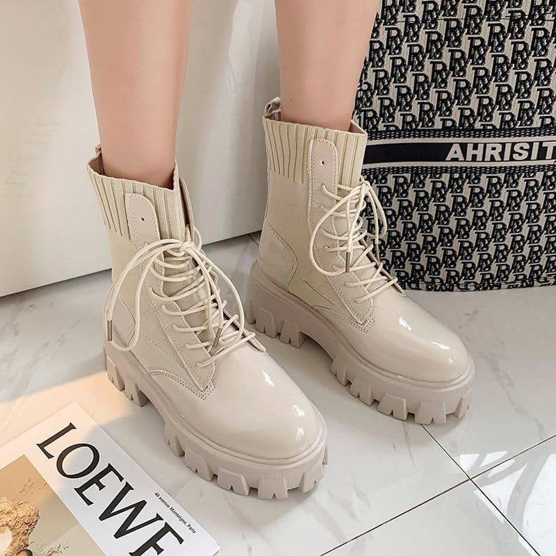 image-Women's Korean Mid-Calf Martin Boots Thick Sole Flat Heel PU Leather