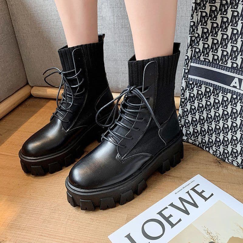 image-Women's Korean Mid-Calf Martin Boots Thick Sole Flat Heel PU Leather