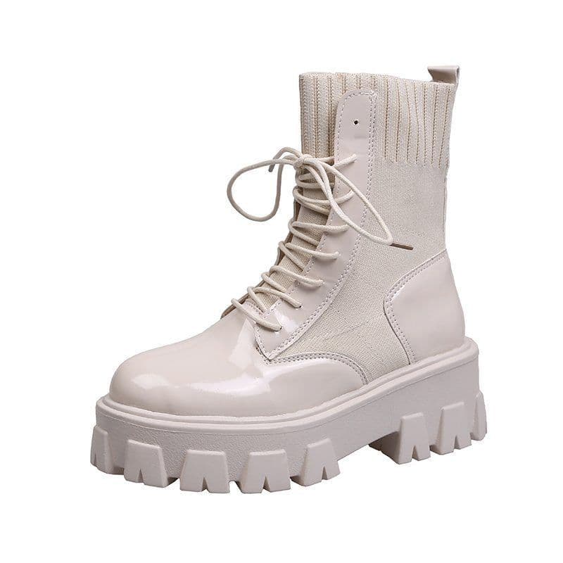 image-Women's Korean Mid-Calf Martin Boots Thick Sole Flat Heel PU Leather