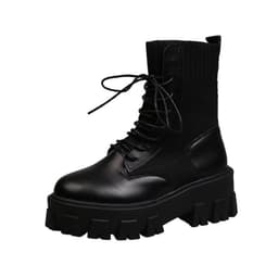 image-Women's Korean Mid-Calf Martin Boots Thick Sole Flat Heel PU Leather
