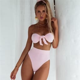 image-Women's Solid Color Knotted Bikini Swimsuit with Chest Pad